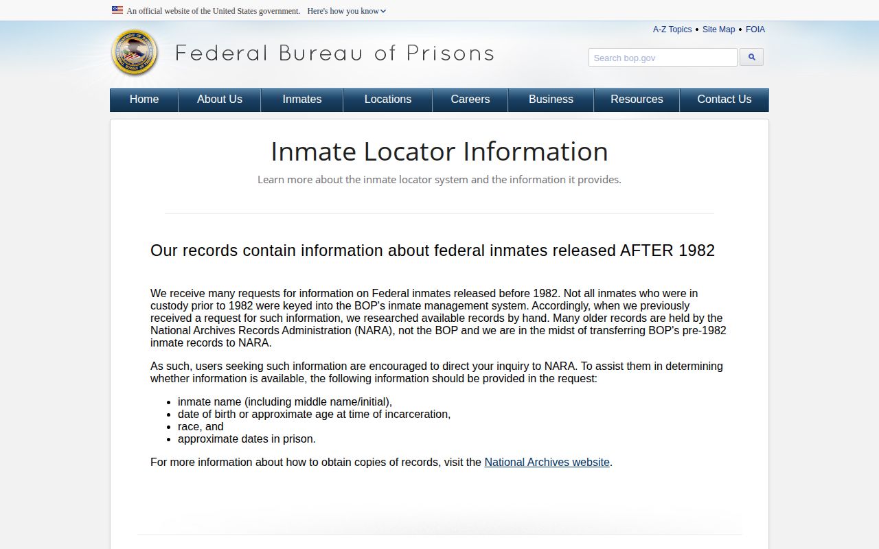 BOP locator result interpretation for Itawamba County federal release records